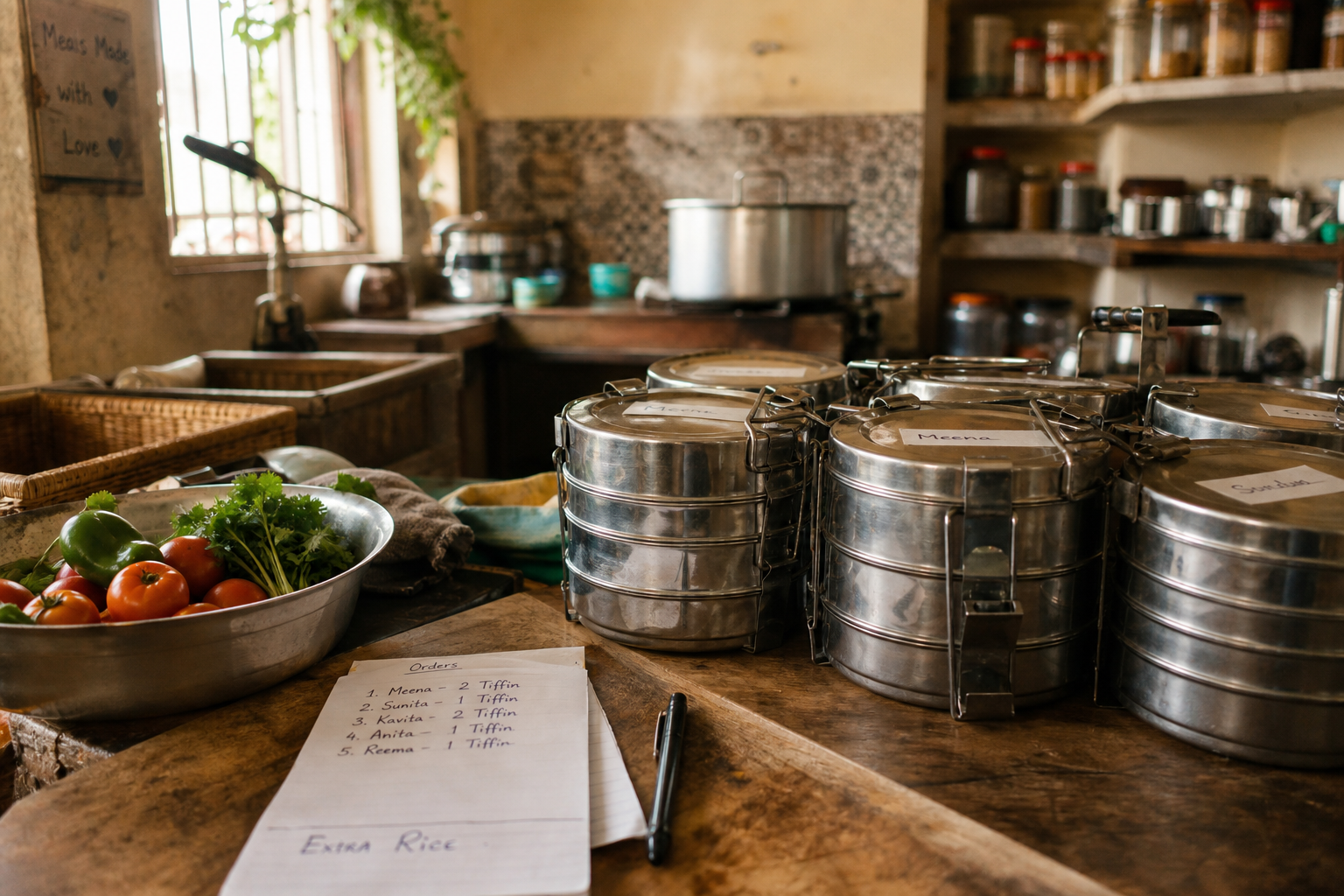 MindfullBelly home kitchen—tiffin prep, orders, and the daily grind ChefSathi was built for